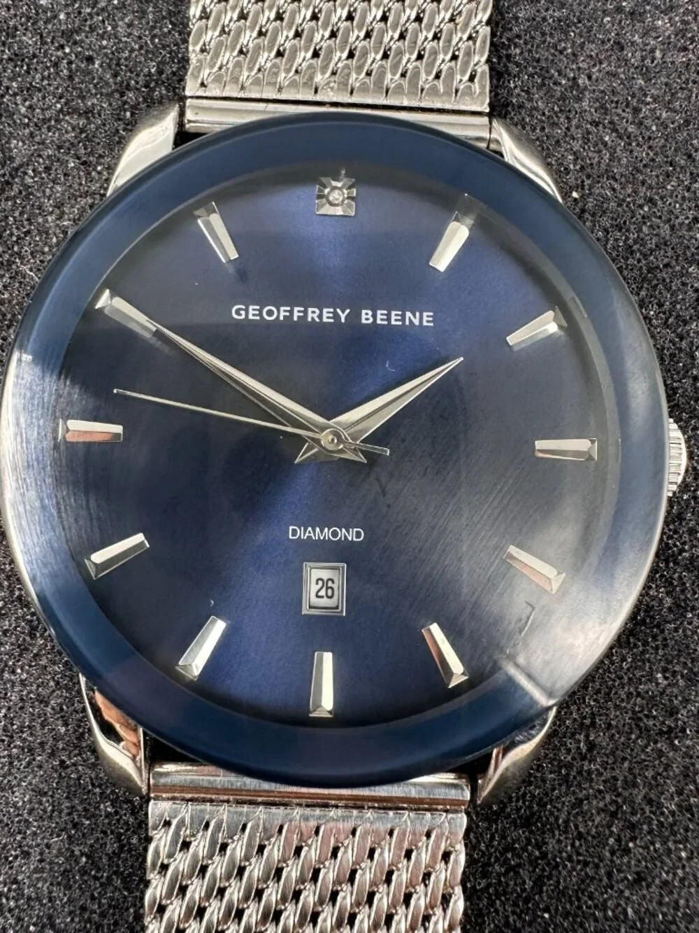 Geoffrey Beene Watch Men Silver Tone Blue Date Window Round New Battery
